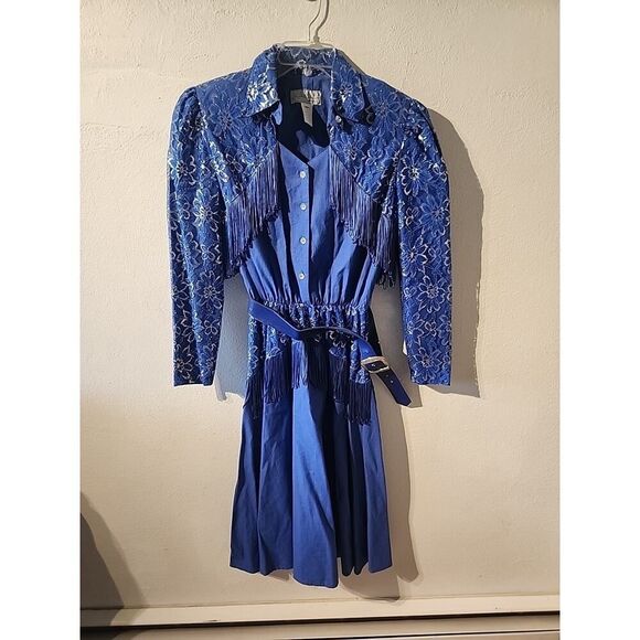 Vtg Lilia Smitty Exclusive Blue Silver Lace Fringe Lace Western Rodeo Dress 9-10 - Picture 1 of 5